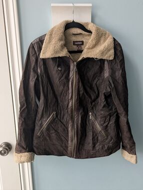 Danier Brown Leather Jacket with Cream Shearling Trim